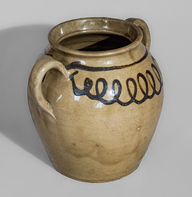 Very Rare Open-Handled Stoneware Jar w/ Iron Slip Decoration, attrib. Thos Chandler, Edgefield District, SC