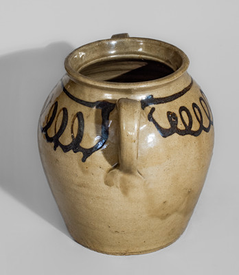 Very Rare Open-Handled Stoneware Jar w/ Iron Slip Decoration, attrib. Thos Chandler, Edgefield District, SC