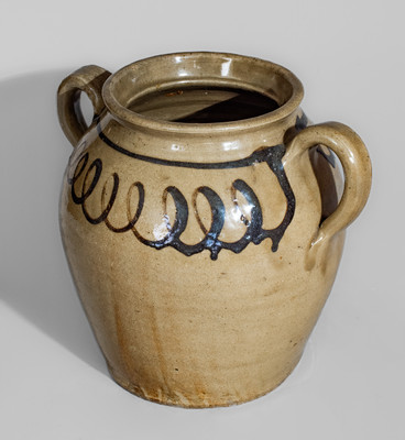 Very Rare Open-Handled Stoneware Jar w/ Iron Slip Decoration, attrib. Thos Chandler, Edgefield District, SC