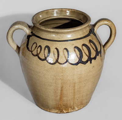 Very Rare Open-Handled Stoneware Jar w/ Iron Slip Decoration, attrib. Thos Chandler, Edgefield District, SC