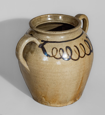 Very Rare Open-Handled Stoneware Jar w/ Iron Slip Decoration, attrib. Thos Chandler, Edgefield District, SC