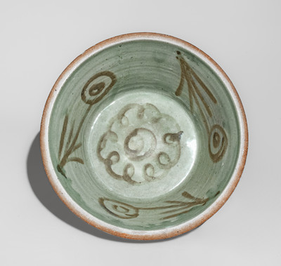 Outstanding attrib. Trapp & Chandler, Edgefield District, SC Stoneware Bowl w/ Elaborate Iron Slip Floral Decoration