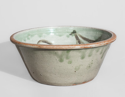 Outstanding attrib. Trapp & Chandler, Edgefield District, SC Stoneware Bowl w/ Elaborate Iron Slip Floral Decoration