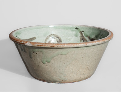Outstanding attrib. Trapp & Chandler, Edgefield District, SC Stoneware Bowl w/ Elaborate Iron Slip Floral Decoration