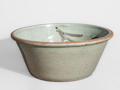 Outstanding attrib. Trapp & Chandler, Edgefield District, SC Stoneware Bowl w/ Elaborate Iron Slip Floral Decoration