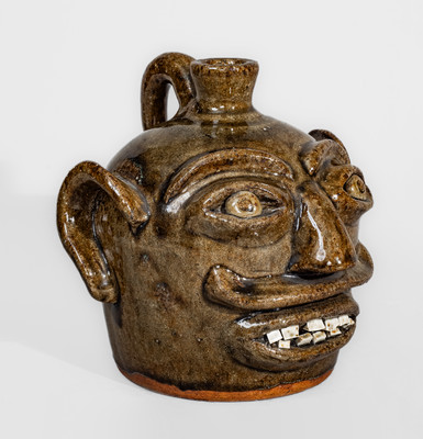 Very Rare H.F. REINHARDT / VALE, N.C. Alkaline-Glazed Stoneware Face Jug