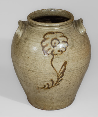 Fine attrib. Thos Chandler, Edgefield District, SC Stoneware Jar w/ Iron Slip Floral Decoration, circa 1850