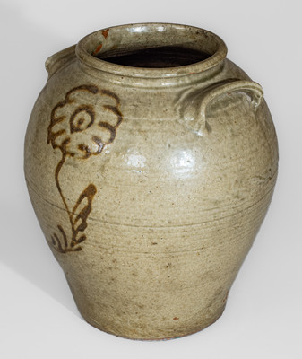 Fine attrib. Thos Chandler, Edgefield District, SC Stoneware Jar w/ Iron Slip Floral Decoration, circa 1850