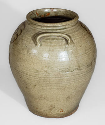 Fine attrib. Thos Chandler, Edgefield District, SC Stoneware Jar w/ Iron Slip Floral Decoration, circa 1850
