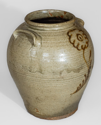 Fine attrib. Thos Chandler, Edgefield District, SC Stoneware Jar w/ Iron Slip Floral Decoration, circa 1850