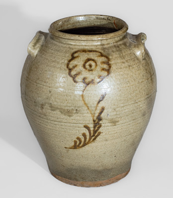 Fine attrib. Thos Chandler, Edgefield District, SC Stoneware Jar w/ Iron Slip Floral Decoration, circa 1850