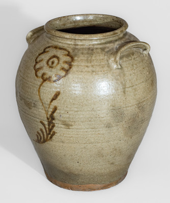 Fine attrib. Thos Chandler, Edgefield District, SC Stoneware Jar w/ Iron Slip Floral Decoration, circa 1850