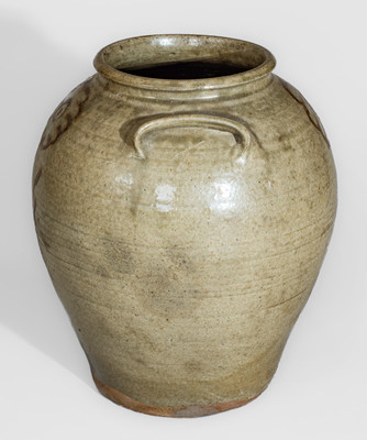 Fine attrib. Thos Chandler, Edgefield District, SC Stoneware Jar w/ Iron Slip Floral Decoration, circa 1850