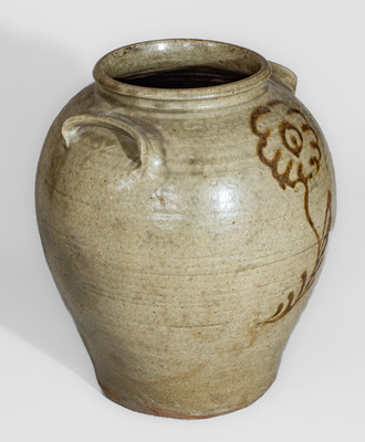 Fine attrib. Thos Chandler, Edgefield District, SC Stoneware Jar w/ Iron Slip Floral Decoration, circa 1850