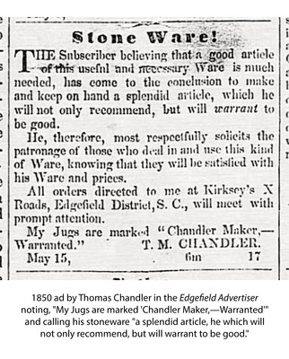 Extremely Rare CHANDLER / WARRANTED Alkaline-Glazed Stoneware Jug, Thomas Chandler, Edgefield District, SC