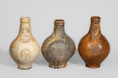 Three Bellarmine Stoneware Jugs, probably Frechen, Germany, 16th or 17th century