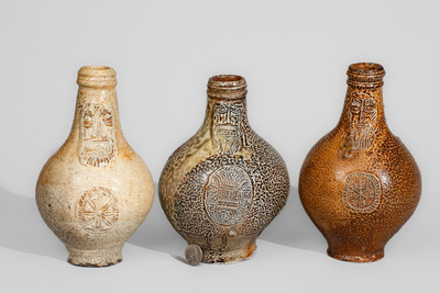 Three Bellarmine Stoneware Jugs, probably Frechen, Germany, 16th or 17th century