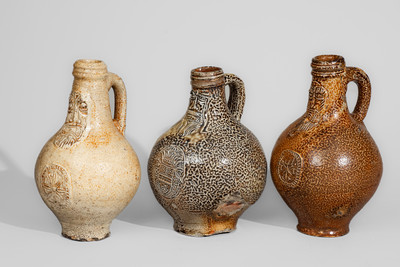 Three Bellarmine Stoneware Jugs, probably Frechen, Germany, 16th or 17th century