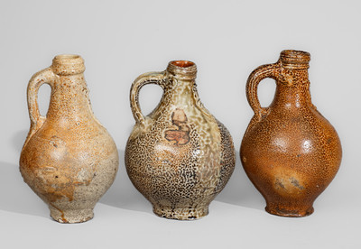 Three Bellarmine Stoneware Jugs, probably Frechen, Germany, 16th or 17th century