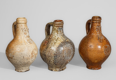 Three Bellarmine Stoneware Jugs, probably Frechen, Germany, 16th or 17th century
