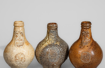 Three Bellarmine Stoneware Jugs, probably Frechen, Germany, 16th or 17th century