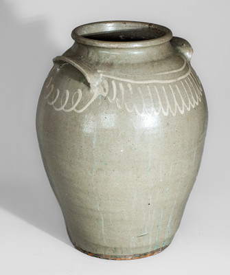 Alkaline-Glazed Stoneware Jar w/ Kaolin Slip Decoration, attrib. Thos Chandler Pottery, Kirksey's Crossroads