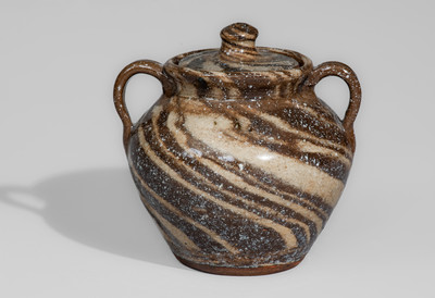 Attrib. Reinhardt Pottery, Vale, NC Lidded Stoneware Sugar Bowl w/ Swirl Pattern