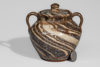 Attrib. Reinhardt Pottery, Vale, NC Lidded Stoneware Sugar Bowl w/ Swirl Pattern