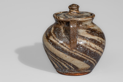 Attrib. Reinhardt Pottery, Vale, NC Lidded Stoneware Sugar Bowl w/ Swirl Pattern