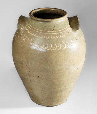 Fine Large-Sized CHANDLER / MAKER (Edgefield District, SC) Stoneware Jar w/ Kaolin Slip Decoration