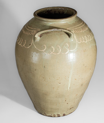 Fine Large-Sized CHANDLER / MAKER (Edgefield District, SC) Stoneware Jar w/ Kaolin Slip Decoration