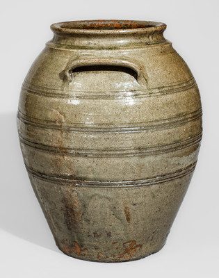 Exceptional Four-Gallon Edgefield District, SC Stoneware Jar w/ Elaborate Incised Banding, mid 19th century