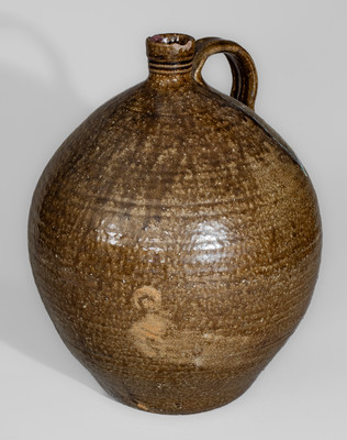 Alkaline-Glazed Lincoln County, NC Stoneware Jug w/ Glass Runs, c1840-60
