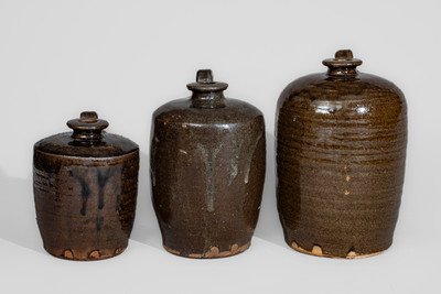 Rare Graduated Group of Three Stoneware Jugs, Miles Mill Pottery, Edgefield District, SC, c1867-85