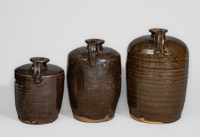 Rare Graduated Group of Three Stoneware Jugs, Miles Mill Pottery, Edgefield District, SC, c1867-85