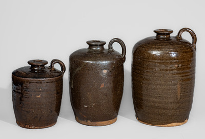 Rare Graduated Group of Three Stoneware Jugs, Miles Mill Pottery, Edgefield District, SC, c1867-85