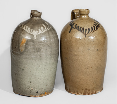 Rare Assembled Pair of Stoneware Jugs w/ Complementary Slip Decoration, Thomas Chandler Pottery, Edgefield Dist, SC