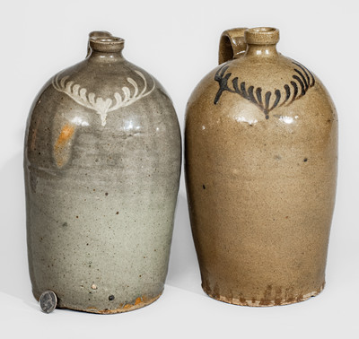 Rare Assembled Pair of Stoneware Jugs w/ Complementary Slip Decoration, Thomas Chandler Pottery, Edgefield Dist, SC