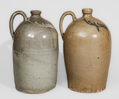 Rare Assembled Pair of Stoneware Jugs w/ Complementary Slip Decoration, Thomas Chandler Pottery, Edgefield Dist, SC