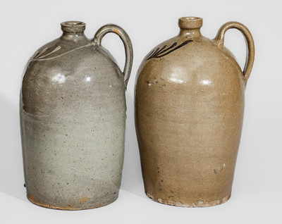 Rare Assembled Pair of Stoneware Jugs w/ Complementary Slip Decoration, Thomas Chandler Pottery, Edgefield Dist, SC