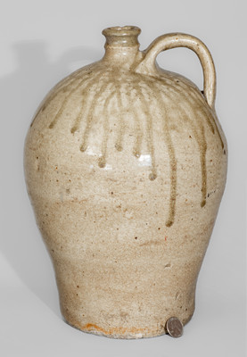 Alkaline-Glazed Stoneware Jug Stamped A, attrib. Pottersville Stoneware Manufactory, Edgefield Dist, SC, 1820s / 30s