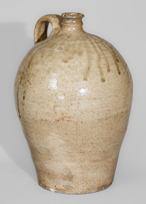 Alkaline-Glazed Stoneware Jug Stamped A, attrib. Pottersville Stoneware Manufactory, Edgefield Dist, SC, 1820s / 30s