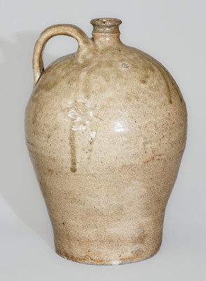 Alkaline-Glazed Stoneware Jug Stamped A, attrib. Pottersville Stoneware Manufactory, Edgefield Dist, SC, 1820s / 30s