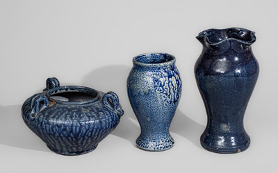 Three Cobalt-Decorated North Carolina Stoneware Vases, 20th century
