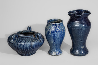 Three Cobalt-Decorated North Carolina Stoneware Vases, 20th century