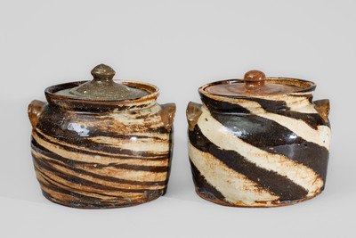 Two REINHARDT BROS. / VALE, N.C. Stoneware Bean Pots w/ Swirl Pattern