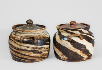 Two REINHARDT BROS. / VALE, N.C. Stoneware Bean Pots w/ Swirl Pattern