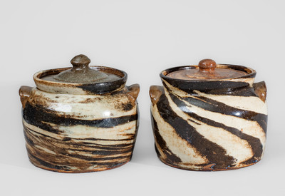 Two REINHARDT BROS. / VALE, N.C. Stoneware Bean Pots w/ Swirl Pattern