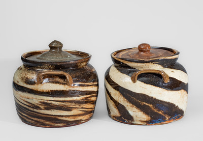 Two REINHARDT BROS. / VALE, N.C. Stoneware Bean Pots w/ Swirl Pattern