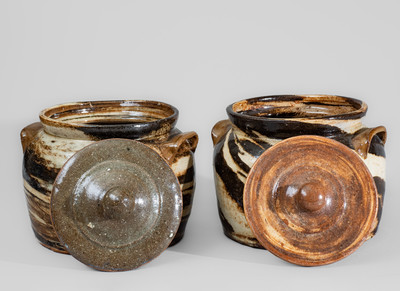 Two REINHARDT BROS. / VALE, N.C. Stoneware Bean Pots w/ Swirl Pattern